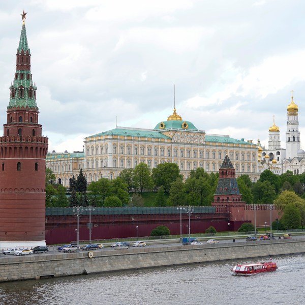 A view of the Moscow Kremlin in Moscow, Russia, Wednesday, May 3, 2023. Russian authorities have accused Ukraine of attempting to attack the Kremlin with two drones overnight. The Kremlin on Wednesday decried the alleged attack attempt as a 