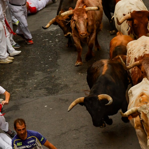 La Palmosilla狂欢者之间的斗牛期间的第一天在圣佛明奔牛嘉年华在潘普洛纳,西班牙,星期五,2023年7月7日。(美联社照片/红领巾)